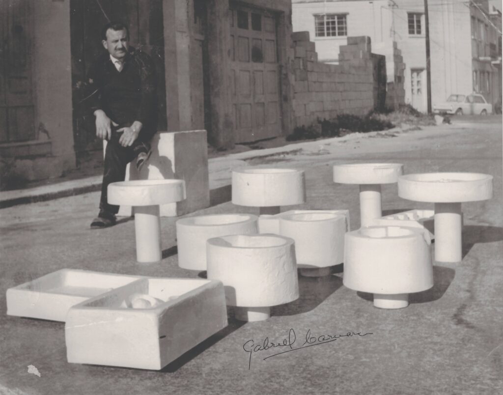 Gabriel Caruana in front of Balzan studio birdbaths sculpture malta 1970