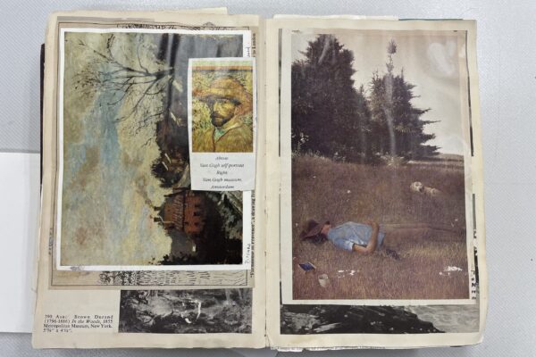 open book with polaroid photos of van gogh's paintings spread over it_victor pasmore