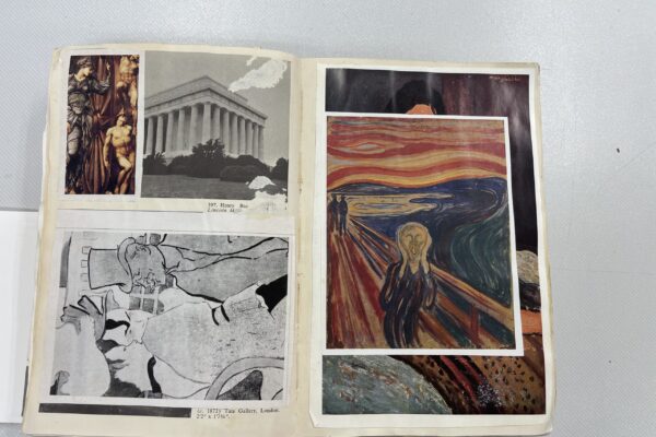 open book with polaroid photos of Munch's paintings spread over it_victor pasmore