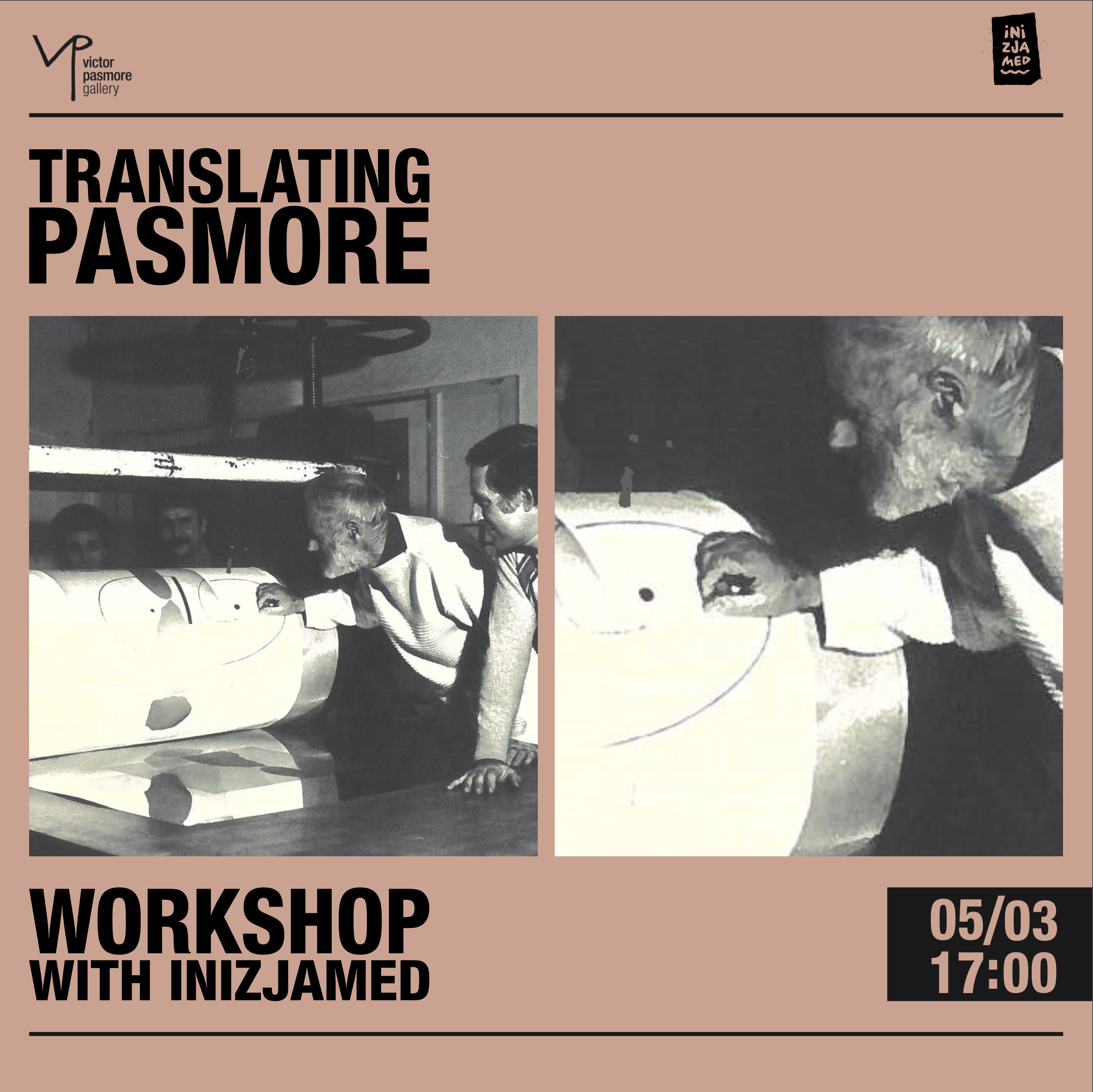 workshop poster showing pasmore printing out artworks in a workshop