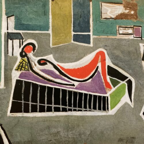 abstract painting of model at bath, poster colours on paper