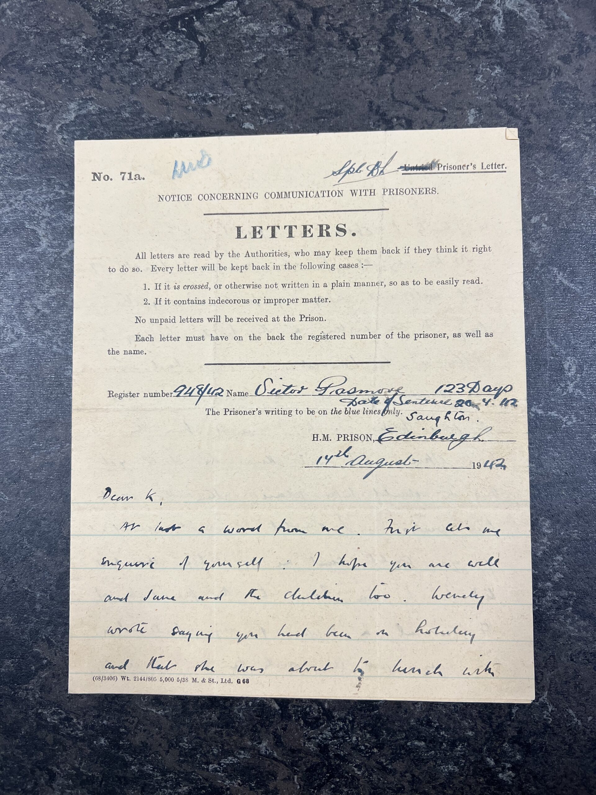 Prison letter from victor pasmore